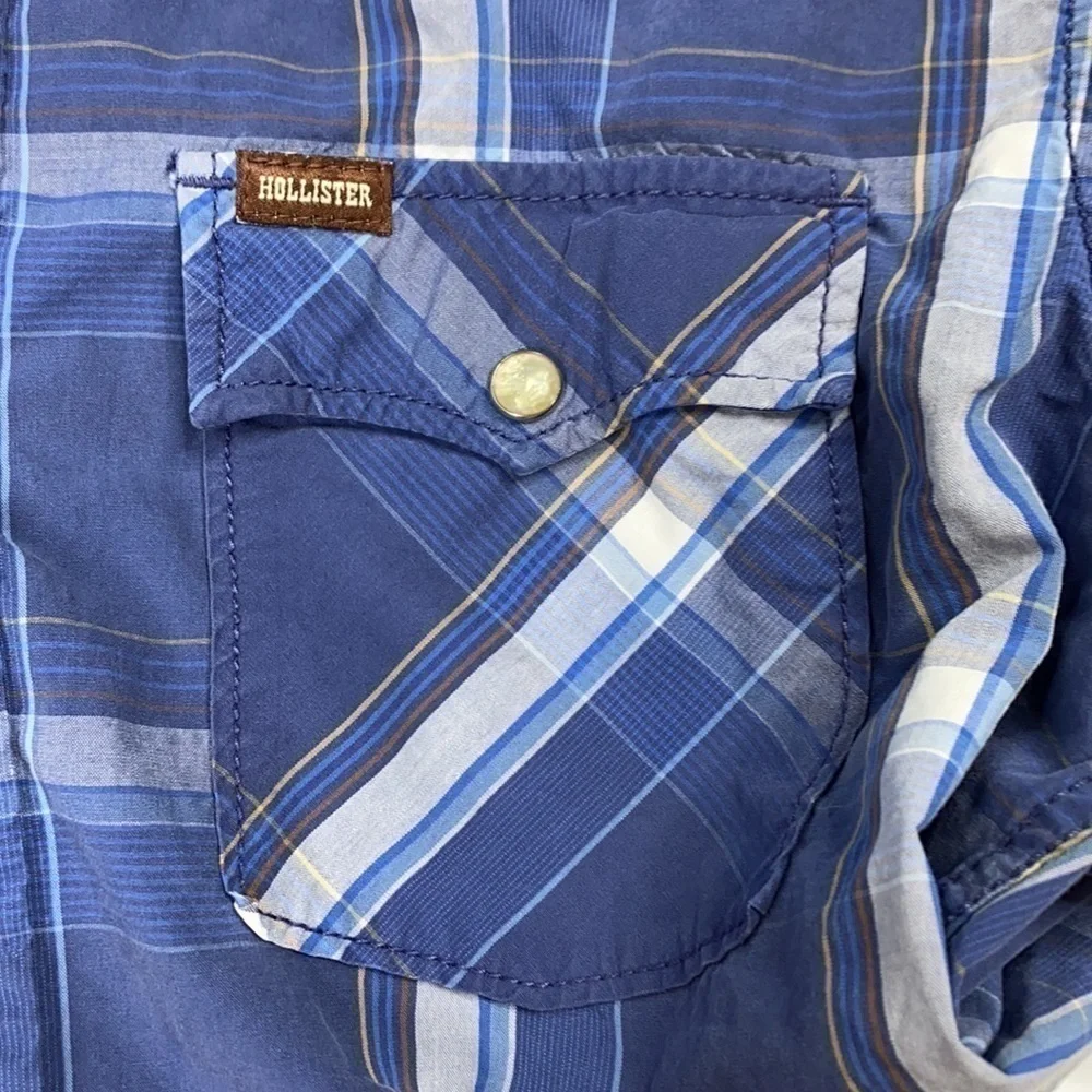 Hollister Western Styling Long Sleeve Blue Plaid Shirt Size Small